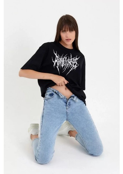 Unisex Bisiklet Yaka Baskılı Oversize T-Shirt - Siyah fırsatları