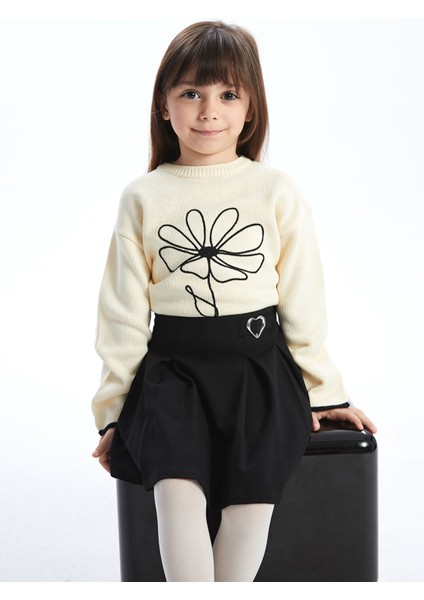 Yeni Sezon Bisiklet Yaka Nakışlı Kız Çocuk Triko Kazak