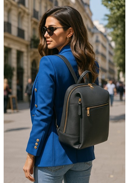 Kadın Deri Sırt Çantası Gold Detay Geniş Hacimli Altın Fermuarlı