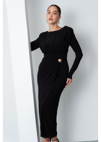 Kadın Siyah Büzgü Detay Kruvaze Midi Elbise modelleri