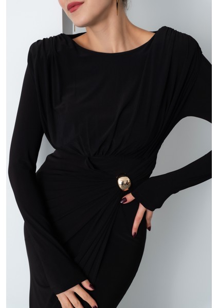 Kadın Siyah Büzgü Detay Kruvaze Midi Elbise indirimleri