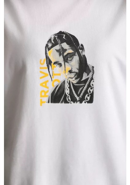 Unisex Baskılı Oversize T-Shirt - Beyaz modelleri