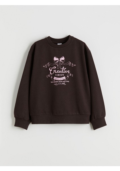 Yeni Sezon Bisiklet Yaka Baskılı Kız Çocuk Sweatshirt