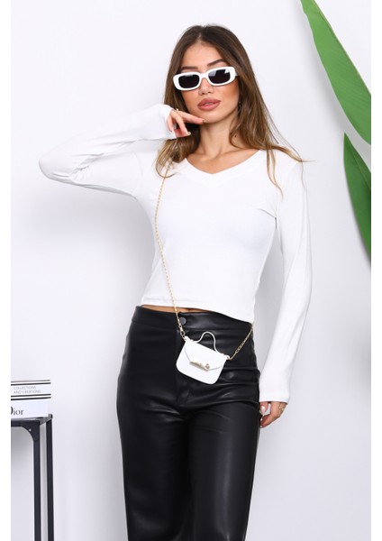 Ekru V Yaka Modal Bluz