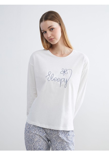 Yeni Sezon Bisiklet Yaka Baskılı Kadın Pijama Takımı modelleri