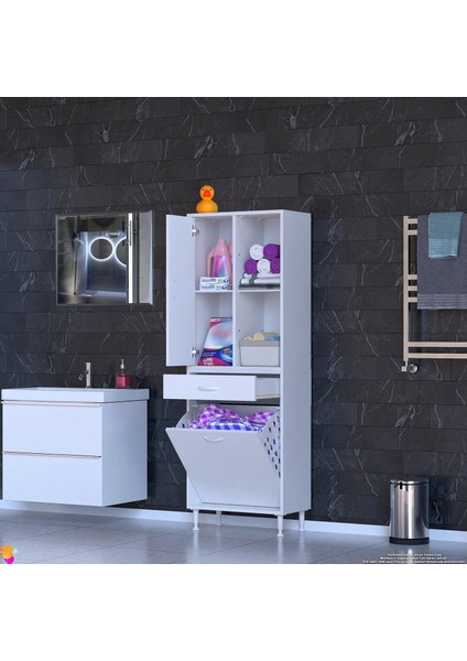 Kayra 1 Çekmeceli Banyo Dolabı, 1 Göz Sepet, Tek Kapak, 4 Raf Dar Alan Banyo Dolabı 60x173x32,5 cm