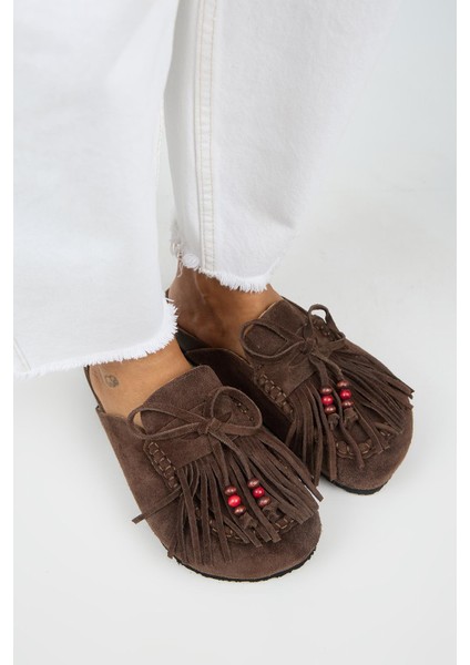 Malinda Kadın Hakiki Deri Püsküllü Boncuk Detaylı Sabo Kahve Terlik