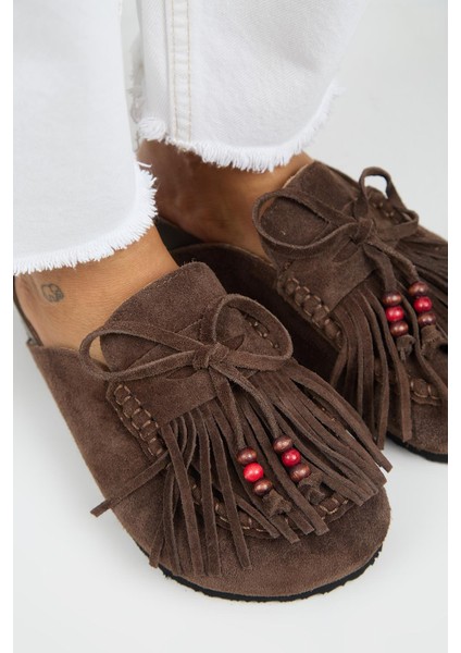 Malinda Kadın Hakiki Deri Püsküllü Boncuk Detaylı Sabo Kahve Terlik modelleri