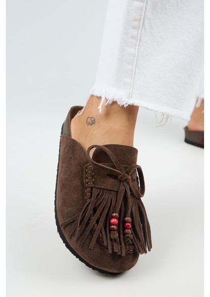 Malinda Kadın Hakiki Deri Püsküllü Boncuk Detaylı Sabo Kahve Terlik fırsatları