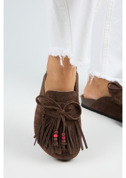 Malinda Kadın Hakiki Deri Püsküllü Boncuk Detaylı Sabo Kahve Terlik indirimleri