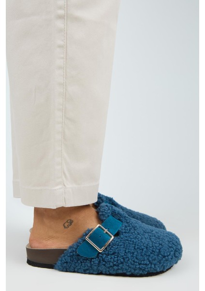 Suzen Teddy Kadın Kürklü Hakiki Deri Kemerli Tokalı Gece Mavisi Terlik