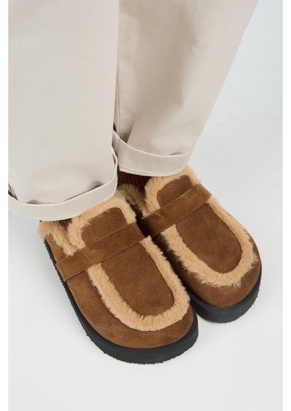 (Ecemi Platform) Kadın Hakiki Deri Kürklü Loafer Platform Taba Terlik fiyatları