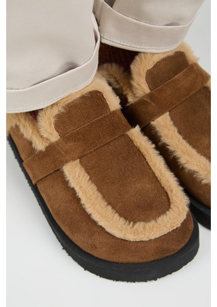 (Ecemi Platform) Kadın Hakiki Deri Kürklü Loafer Platform Taba Terlik modelleri