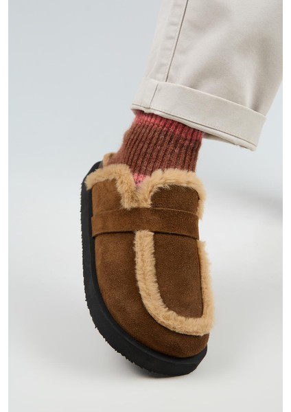 (Ecemi Platform) Kadın Hakiki Deri Kürklü Loafer Platform Taba Terlik fırsatları