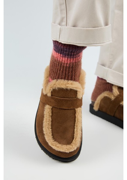 (Ecemi Platform) Kadın Hakiki Deri Kürklü Loafer Platform Taba Terlik indirimleri