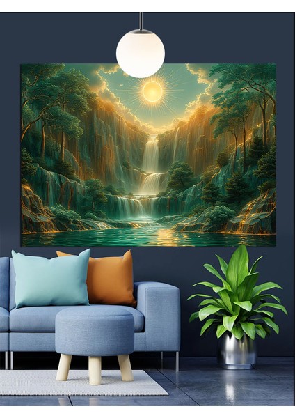 ışıkta akan şelale manzarası dekoratif kanvas - mdf ahşap tablo fırsatları