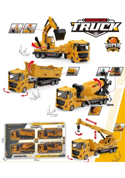 Berattoys 4lü Iş Makinaları 28CM Kamyon Mikser Vinç Ekskavatör Oyuncak Iş Araçları Kırılmaz Plastik