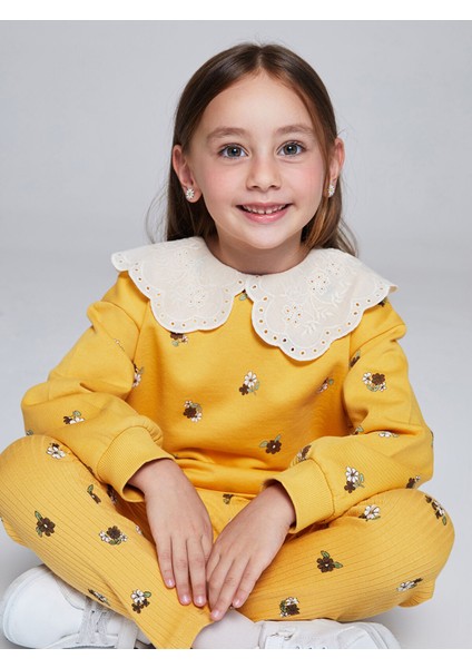 Yeni Sezon Bebe Yaka Çiçek Baskılı Kız Çocuk Sweatshirt