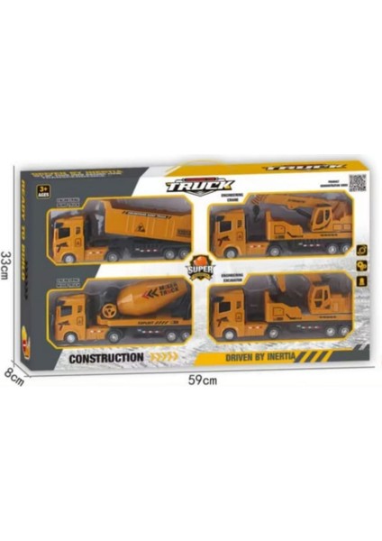 Berattoys 4lü Iş Makinaları 28CM Kamyon Mikser Vinç Ekskavatör Oyuncak Iş Araçları Kırılmaz Plastik modelleri