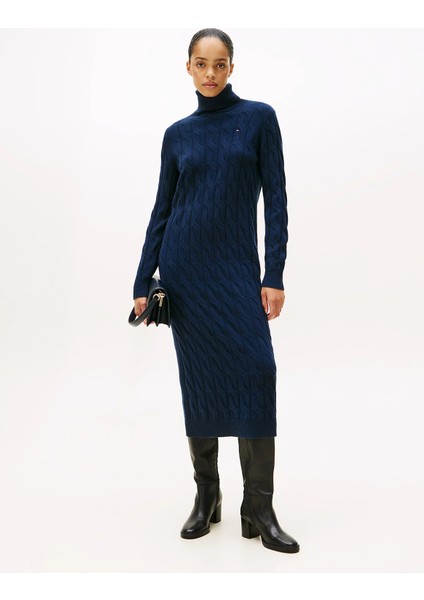 Yumuşak Yün Saç Örgülü Balıkçı Yaka Uzun Kollu Kadın Mavi Elbise WW0WW46429C1G