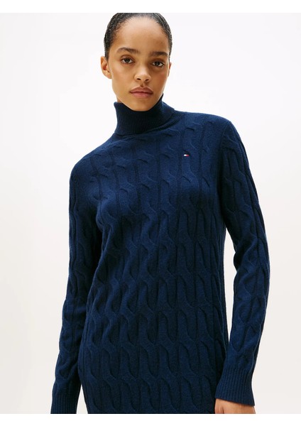 Yumuşak Yün Saç Örgülü Balıkçı Yaka Uzun Kollu Kadın Mavi Elbise WW0WW46429C1G fiyatları