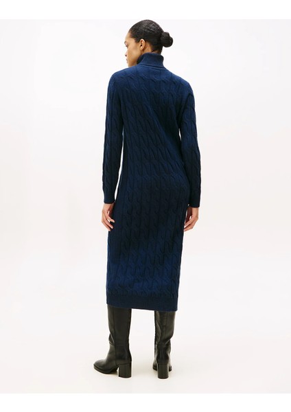 Yumuşak Yün Saç Örgülü Balıkçı Yaka Uzun Kollu Kadın Mavi Elbise WW0WW46429C1G modelleri