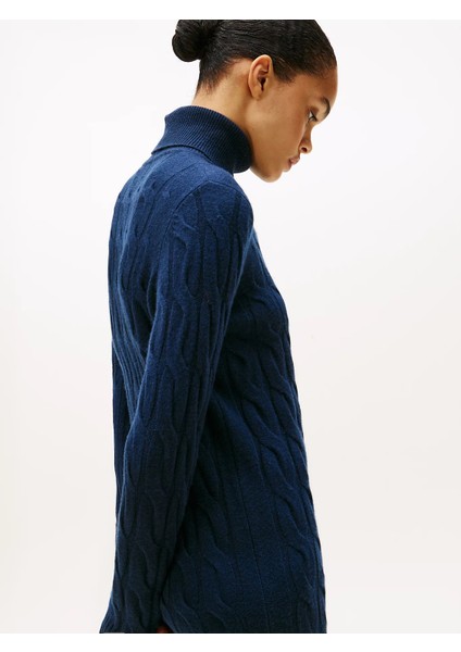 Yumuşak Yün Saç Örgülü Balıkçı Yaka Uzun Kollu Kadın Mavi Elbise WW0WW46429C1G fırsatları