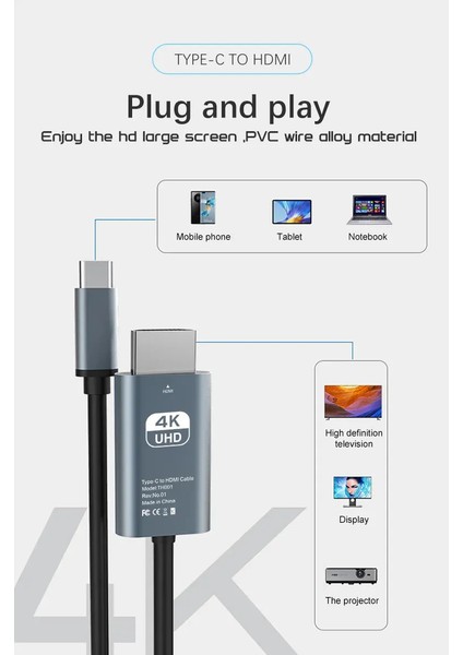 4K60Hz USB C Ila HDMI Kablosu - 6,6 Ft Ultra Yüksek Tanım Tip C - HDMI Adaptörü Ev Ofis Ekran Döküm