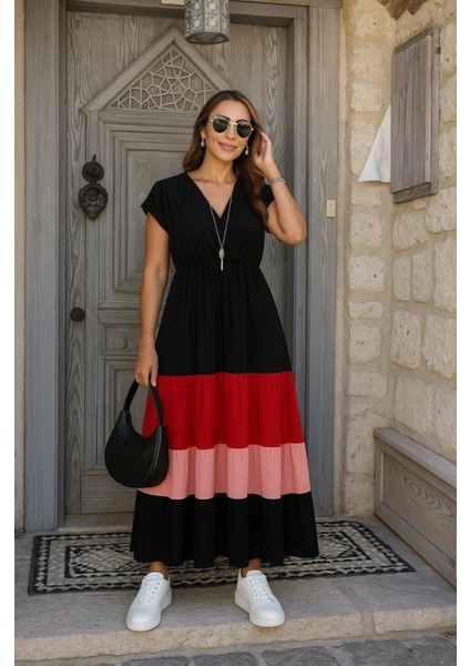 Kadın Kısa Kollu Kruvaze Yakalı Çok Renkli Aerobin Elbise