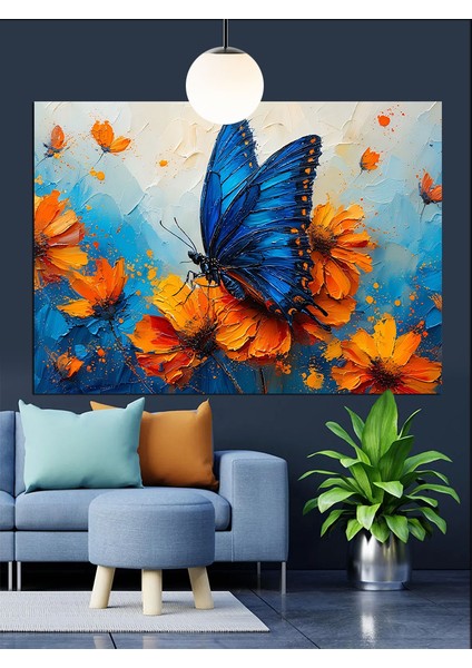 Turuncu Çiçekler Üzerinde Mavi Kelebek Dekoratif Kanvas - Mdf Ahşap Tablo