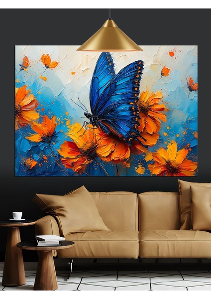 Turuncu Çiçekler Üzerinde Mavi Kelebek Dekoratif Kanvas - Mdf Ahşap Tablo fiyatları