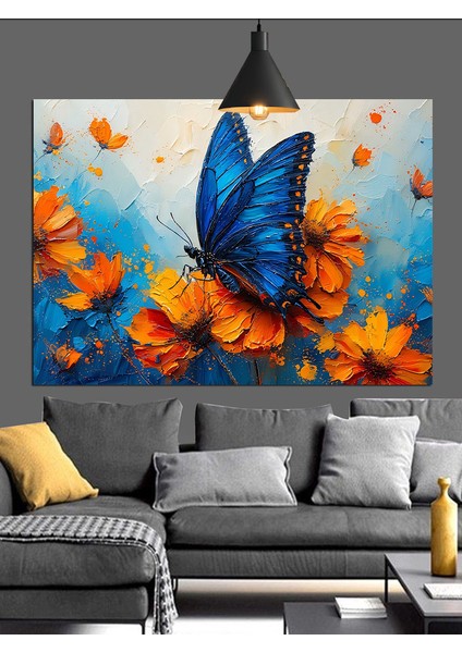 Turuncu Çiçekler Üzerinde Mavi Kelebek Dekoratif Kanvas - Mdf Ahşap Tablo modelleri