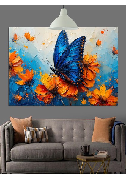 Turuncu Çiçekler Üzerinde Mavi Kelebek Dekoratif Kanvas - Mdf Ahşap Tablo fırsatları