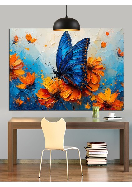 Turuncu Çiçekler Üzerinde Mavi Kelebek Dekoratif Kanvas - Mdf Ahşap Tablo indirimleri