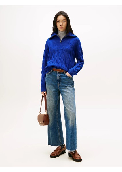 Yumuşak Yün Saç Örgülü Yarım Fermuarlı Uzun Kollu Kadın Mavi Kazak WW0WW46425C65