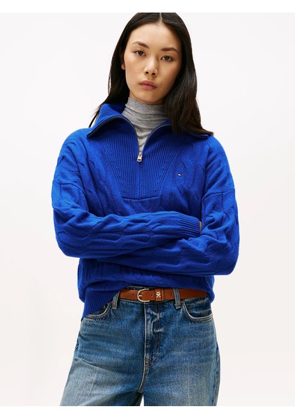 Yumuşak Yün Saç Örgülü Yarım Fermuarlı Uzun Kollu Kadın Mavi Kazak WW0WW46425C65 fiyatları