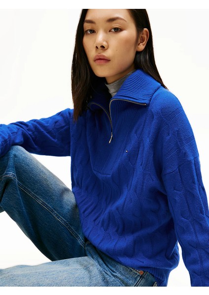 Yumuşak Yün Saç Örgülü Yarım Fermuarlı Uzun Kollu Kadın Mavi Kazak WW0WW46425C65 modelleri