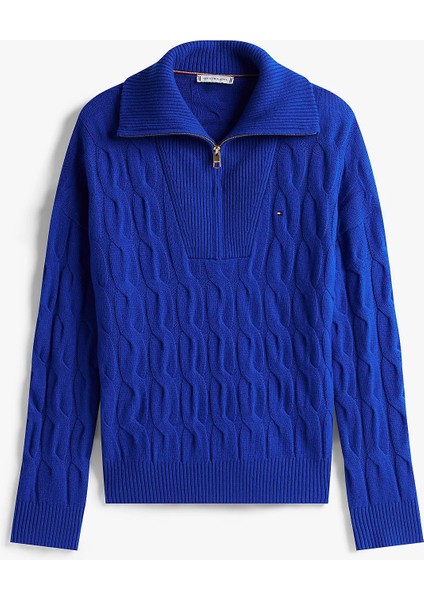 Yumuşak Yün Saç Örgülü Yarım Fermuarlı Uzun Kollu Kadın Mavi Kazak WW0WW46425C65 indirimleri