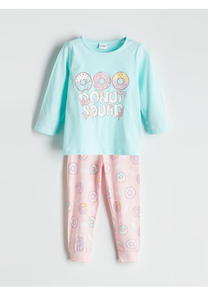 Yeni Sezon Bisiklet Yaka Baskılı Kız Çocuk Pijama Takımı