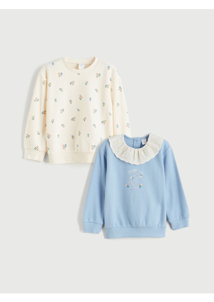 Yeni Sezon Bisiklet Yaka Çiçekli Kız Çocuk Sweatshirt 2'li modelleri