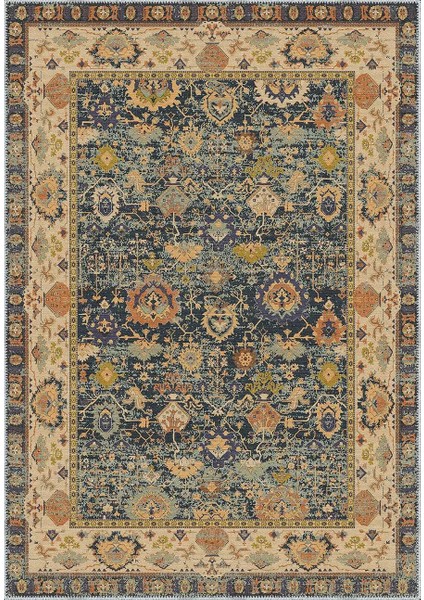 Marti Çerçeveli Bej Polyester ve Pamuklu Yıkanabilir Kaydırmaz Taban Dijital Baskı Halı