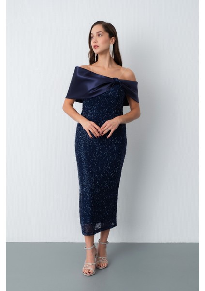 Kadın Lacivert Yaka Detay Boncuklu Midi Söz Nişan Abiye Elbise fiyatları