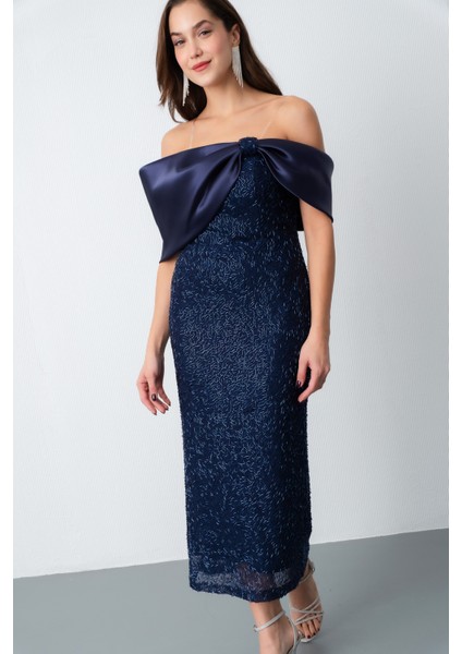 Kadın Lacivert Yaka Detay Boncuklu Midi Söz Nişan Abiye Elbise modelleri