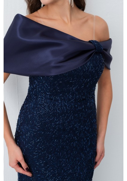 Kadın Lacivert Yaka Detay Boncuklu Midi Söz Nişan Abiye Elbise indirimleri