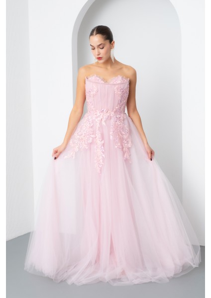 Kadın Pudra Straplez Güpürlü Uzun Tül Abiye Elbise