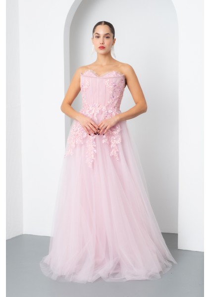 Kadın Pudra Straplez Güpürlü Uzun Tül Abiye Elbise fiyatları