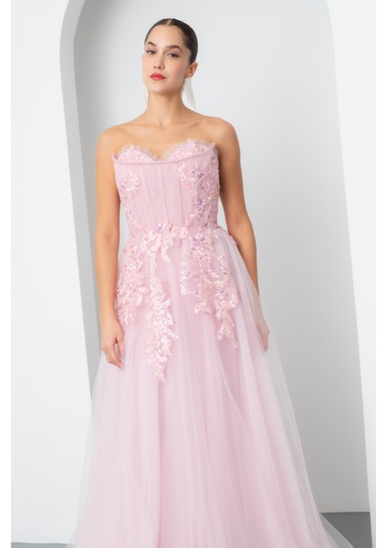 Kadın Pudra Straplez Güpürlü Uzun Tül Abiye Elbise modelleri