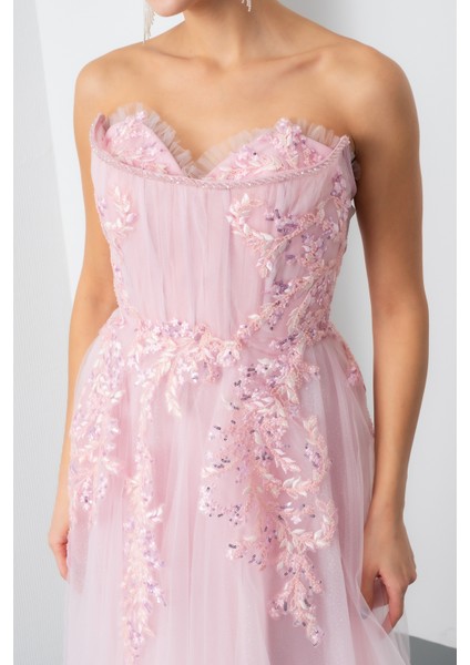 Kadın Pudra Straplez Güpürlü Uzun Tül Abiye Elbise fırsatları