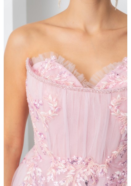 Kadın Pudra Straplez Güpürlü Uzun Tül Abiye Elbise indirimleri