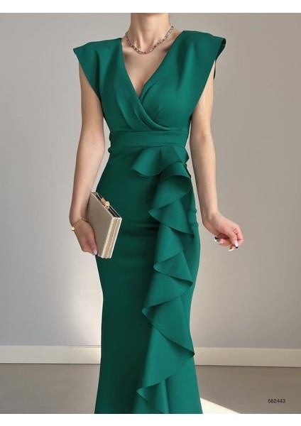 Kruvaze Yaka Volanlı Nikah Düğün ve Mezuniyet Elbisesi 582663-ZÜMRÜT modelleri